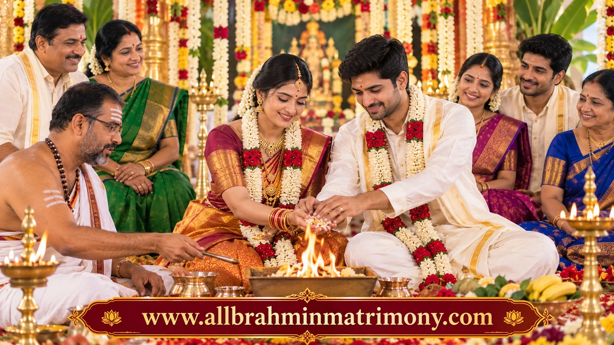 Brahmin groom and bride in a traditional wedding setting